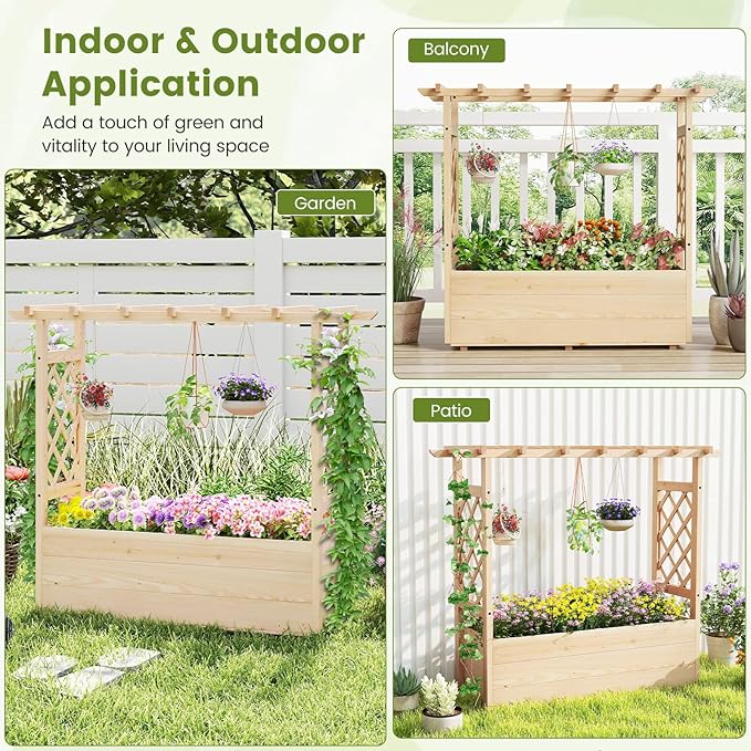 Giantex Raised Garden Bed with Sided Trellis & Hanging Roof, Wood Planter Box, Freestanding Garden Planter Raised Bed for Flowers Herbs Climbing Vines 45”x16”x41” (L x W x H)