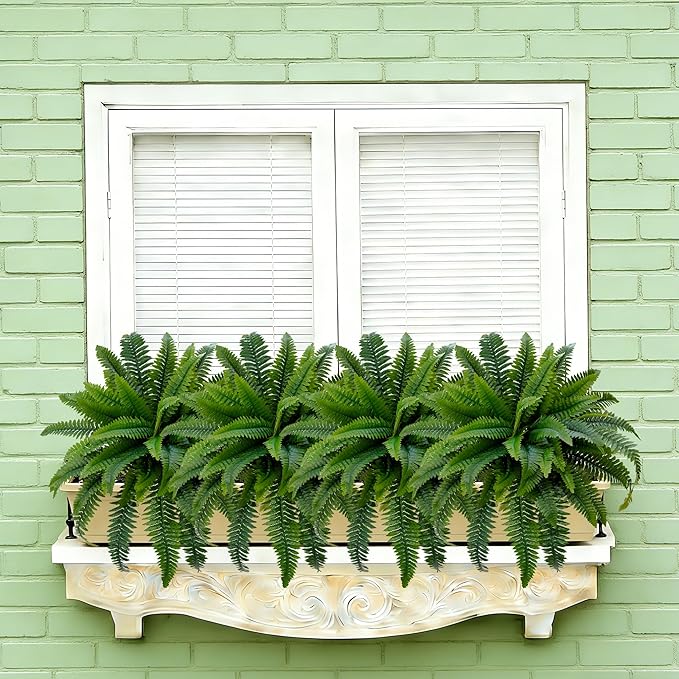 Senjie Artificial Boston Fern 4 Set Large 55 Branches Fake Ferns for Outdoors 34Inch Faux Plant for Home Living Room Office Decor