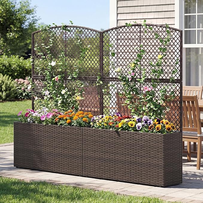 Happygrill Raised Garden Bed with Trellis, 58" Wicker Planter Box with Privacy Screen, Liner, Drainage for Patio Balcony, Outdoor PE Rattan Elevated Garden Bed for Climbing Plant Vine Flower (Brown,2)