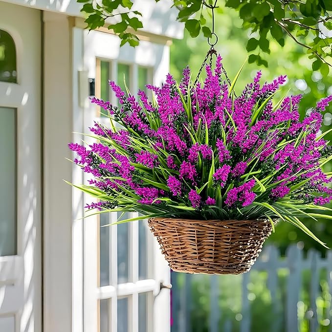 Geegoods Artificial Plants Flowers Outdoor – 24 Bundles UV Resistant Faux Lavender Flowers with Monkey Grass for Garden Porch Window Patio Hanging Planter Decor