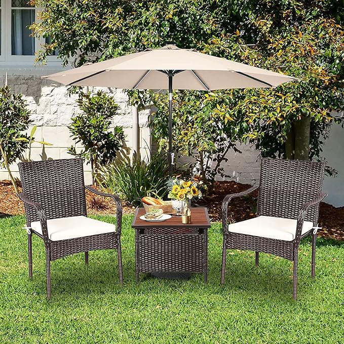 HAPPYGRILL 3-Piece Patio Bistro Set with Coffee Table & Umbrella Hole, Rattan Wicker Chairs Set with Umbrella Stand Table, Soft Cushions, Outdoor Furniture Set for Balcony Porch Poolside Garden