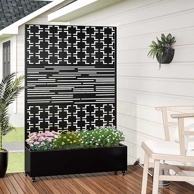 Casaphoria Metal Raised Garden Bed with Trellis and Wheels, 72"x47"x16" Planter Box for Climbing Plants, Vegetables & Vines, Features Drainage Holes and Privacy Screen, Black(Square&Shine)
