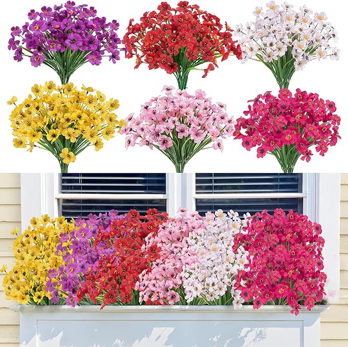 Bassion 24 Bundles Artificial Flowers for Outdoors Decoration, UV Resistant Mixed Color Silk Fake Faux Flowers Artificial Plants for Outside Window Box Porch Garden Home Decor