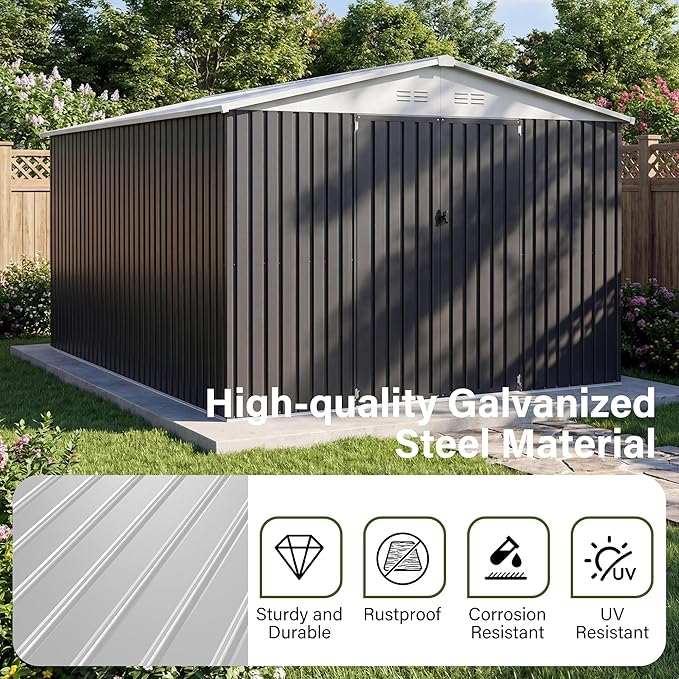 Polar Aurora 10x16 Outdoor Storage Shed, Garden Shed with Updated Frame Structure and Lockable Doors, Metal Tool Sheds for Backyard Garden Patio Lawn, White