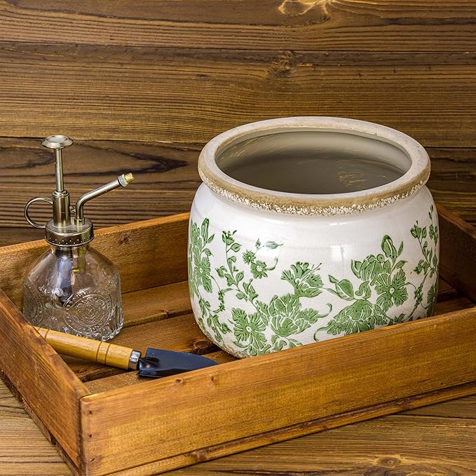 Dosayes Large Ceramic Pot for Planters, Ice Crack Glazed Flower Pot with Drainage Holes,5.91inch Vintage Planters for Indoor and Outdoor(Green)
