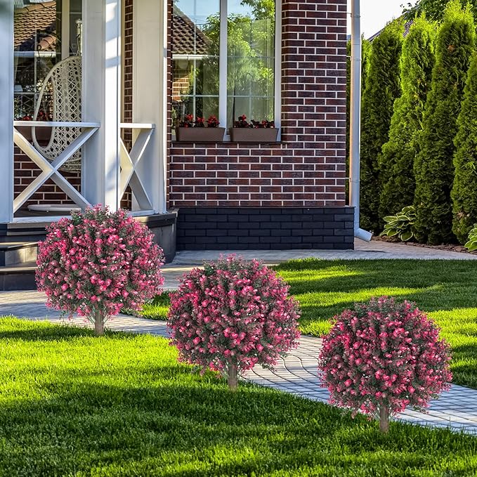 AOKIIE Set of 2 Artificial Rose Boxwood Topiary Ball Tree for Outdoor with Ground Spike, 22" UV Resistant Faux Greenery Shrubs, Fake Plants for Garden Yard Porch Patio(Rose)