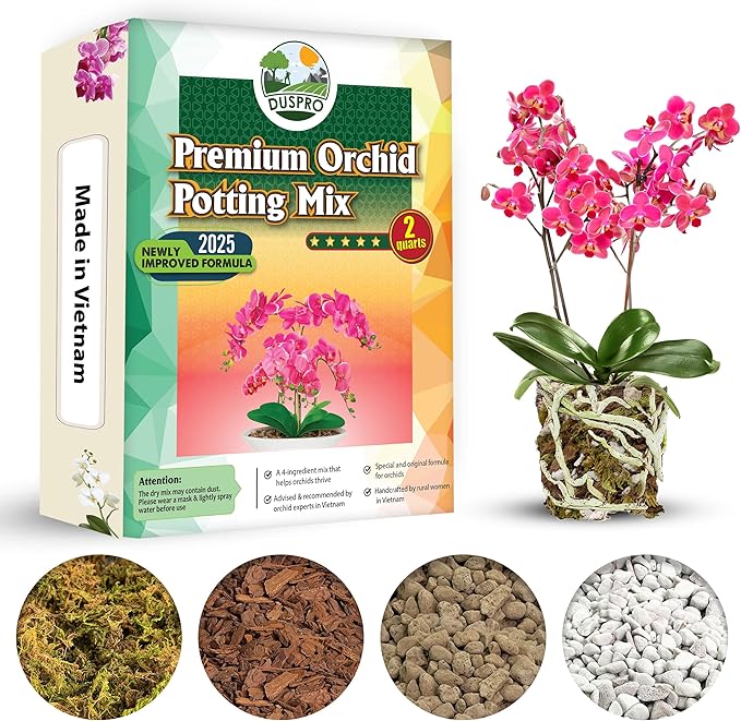 [Upgraded] DUSPRO Orchid Potting Mix for Repotting with Forest Moss, Pine Bark, Perlite & Pumice Natural Ingredients, Orchid Bark Potting Mix, Orchid Repotting Kit Drainage Indoor Potting Medium 2QT
