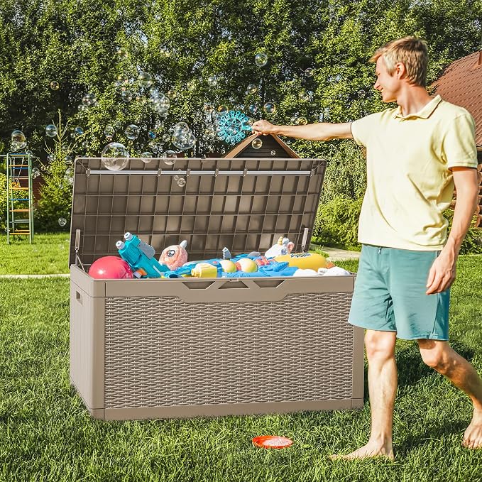 Greesum 100 Gallon Resin Deck Box Large Outdoor Storage with Cushions for Patio Furniture, Garden Tools, Pool Supplies, Weatherproof and UV Resistant, Lockable, Light Coffee