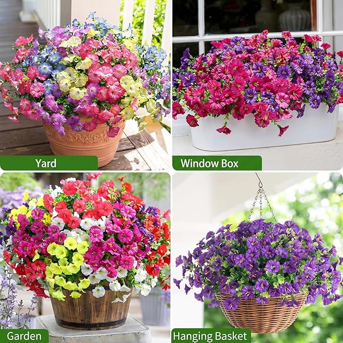 Artificial Flowers for Outdoors, 6 Bundles Fake Plants for Outside Decoration, UV Resistant No Fade, Realistic High End Silk Plastic Morning Glory for Planter Porch Patio Yard Garden