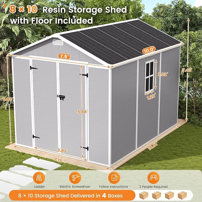 UDPATIO Storage Shed 8 x 10 FT, Resin Sheds & Outdoor Storage with Floor Large Clearance Outdoors Plastic Garden Tool Shed Tuff Outside Cottage Shed with Lockable Door for Bike, Garbage Gray White