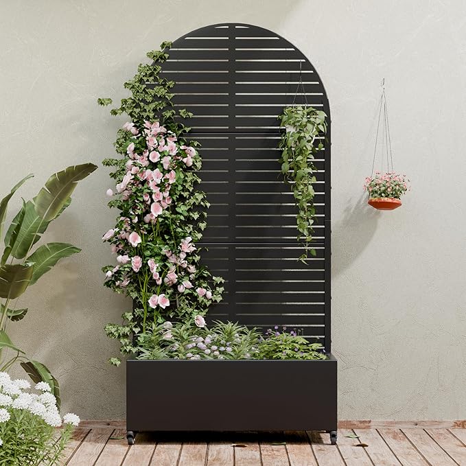 Casaphoria Metal Raised Garden Bed with Trellis and Wheels, 72"x35"x16" Arched Planter Box for Climbing Plants, Vegetables & Vines, Features Drainage Holes and Privacy Screen (Black-Louvered)