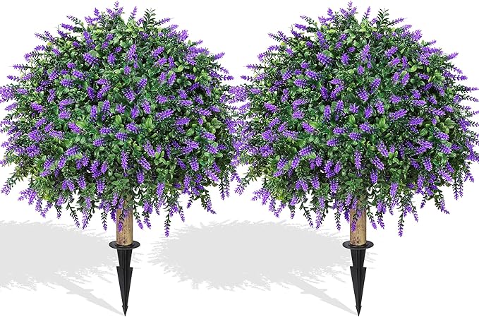 HyeFlora 2 Pack Artificial Topiary Boxwood Ball Trees with Lavender Fake Plants for Outdoor Indoor Artificial Shrubs with Ground Spike UV Resistant Fake Bushes for Front Porch Garden (Purple Lavender)