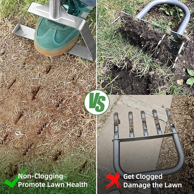 Manual Lawn Aerator Spike Tool, Semi-Assembled, Non-Clogging Spike Aerator with 4 Steel Spikes, Ergonomic Handle & Reinforced Welding for Compacted Soil Loosening & Yard Aeration - Green