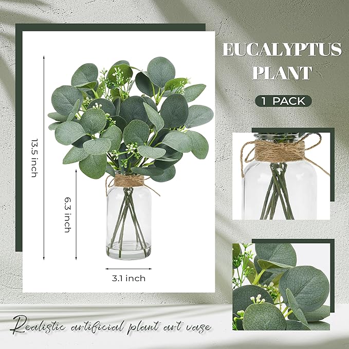 Der Rose 13.5" Fake Plants for Bathroom Decor Artificial Eucalyptus Stems in Clear Glass Vase with Faux Water for Office Desk Accessories Home Table Centerpiece Decor（Sage Green）