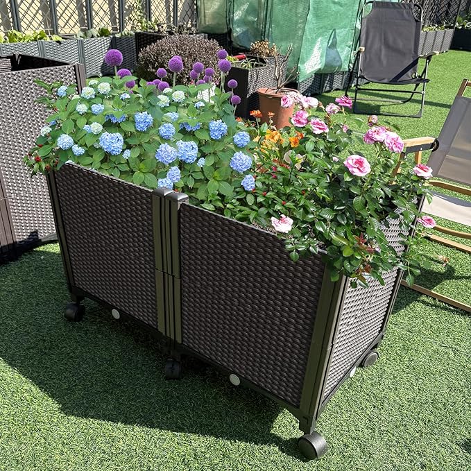 MAYOLIAH Deep Root Raised Garden Bed on Wheels Outdoor Large Plastic Planter Box with Drain Plugs, 31.5x15.7x19.7-inch Brown