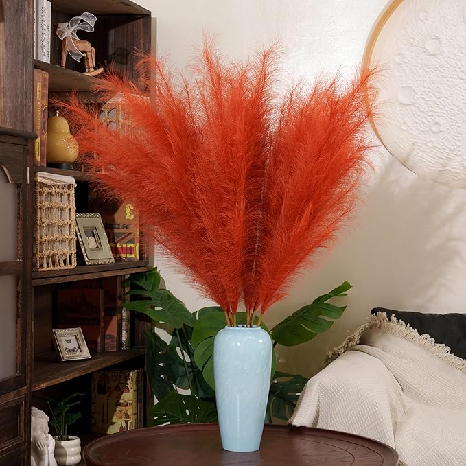 Premium Faux Orange Pampas Grass – 43.3" Tall Fluffy Decor, 8pcs 18-Branch One-Piece Stems No Assembly, Luxury Silk-Feel Feather Flowers for Boho Wedding Home Decor (Tangerine, 8 Stems / 110cm)