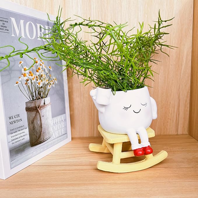 Cute Rocker Planter Small Succulent Pot Handmade Smiling Face Planter Pot Lightweight Resin Head Plant Pot with Drainage Hole 1Pack