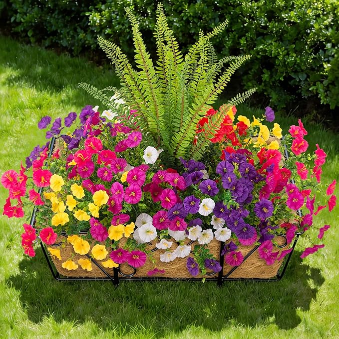 Artificial Flowers Fake Plants for Outdoors Decoration, 12 Bundles Silk Morning Glory with Boston Fern Realistic UV Resistant Faux Spring Flowers for Outside Planter Yard Patio Garden Home Indoor Urn