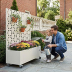 Casaphoria Metal Raised Garden Bed with Trellis and Wheels, 47"x47"x16" Planter Box for Climbing Plants, Vegetables & Vines, Features Drainage Holes and Privacy Screen, White-Square