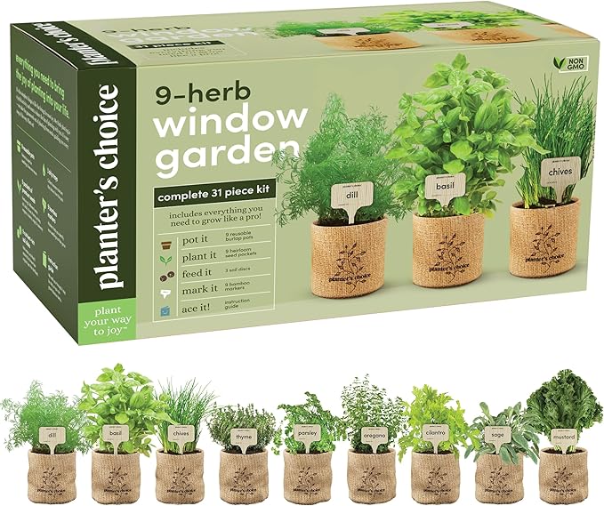 Planters' Choice 9 Herb Indoor Window Garden Kit - House Plants Seeds - Best Unique Easter Gift Ideas for Women, Mom, Friend, Her, Birthday, Housewarming, Mother - New Home Kitchen Gifts