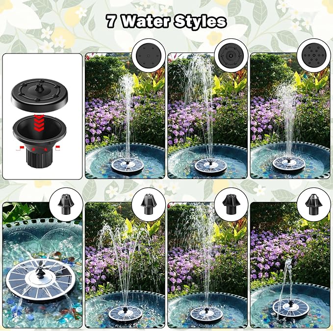 Yzert Solar Fountain White Flower, 3.5W Glass Bird Bath Fountains Solar Power No Battery with 4 Fixed Rods & 7 Nozzles, Solar Fountain Pump for Bird Bath, Pool, Garden, Outdoor, Pond