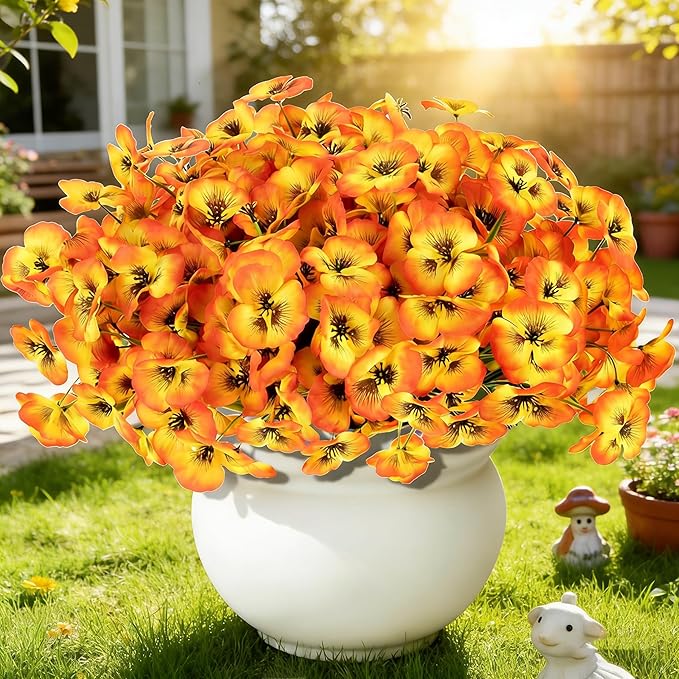 ZAIYW 18 Bundles Artificial Flowers Outdoor Fake Flowers Pansies Faux Artificial Plants for Planter Porch Yard Home Decor (Orange Yellow)
