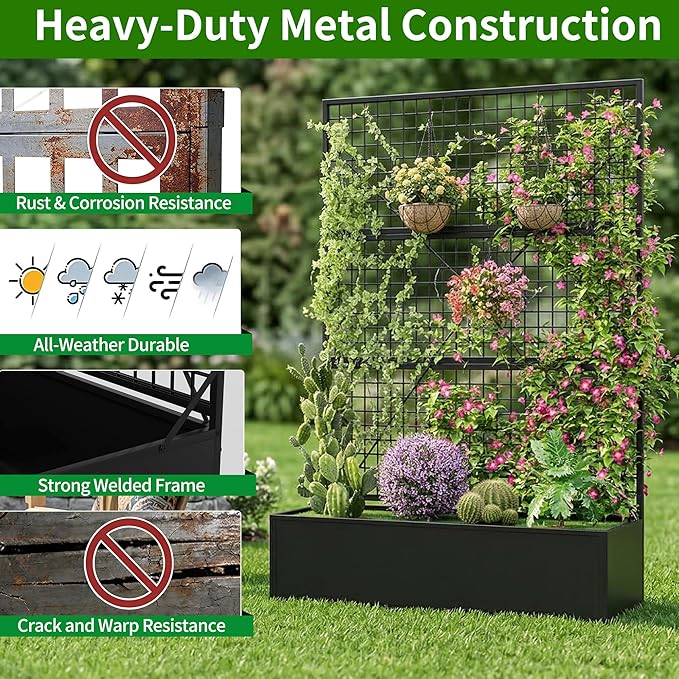 Privacy Planters for Patio – Metal Raised Garden Bed with Trellis and Privacy Screen, 71"×47.2"×16" Planter Box with Drainage Holes for Climbing Plants, Vegetables, and Vines, Outdoor Backyard Black