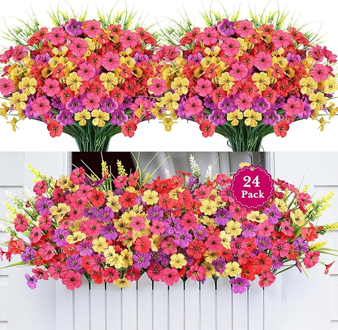 24 Bundles Realistic Fake Flowers for Outdoors, No Fade Faux Silk Flowers & Artificial Plants Lavender, for Garden Patio Porch Decor, Window Box, Hanging Basket, Planter, Grave Decorations