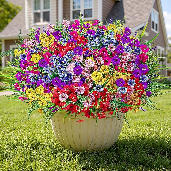 Alupssuc 24 Bundles Artificial Flowers for Outdoors Spring Decoration, UV Resistant Eucalyptus Violet and Lavender Silk Fake Plants for Outside Indoor Decor, Red Rose Purple Blue Yellow Pink