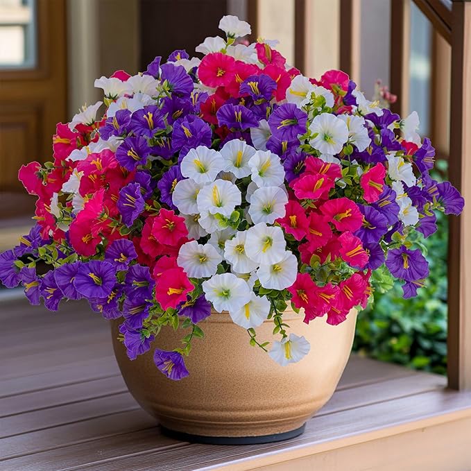 Artificial Flowers Outdoor Morning Glory - 16 Bundles Fake Plants UV Resistant No Fade Faux Plastic Greenery Home Garden Patio Decoration Indoor (1, Multi16-1)