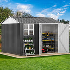 DWVO 10x8ft Metal Outdoor Storage Shed with Window, Lockable Tool Storage Sheds, Oversized Steel Garden Sheds with Sloped Roof for Backyard, Patio, Garage, Lawn (Gray + White)