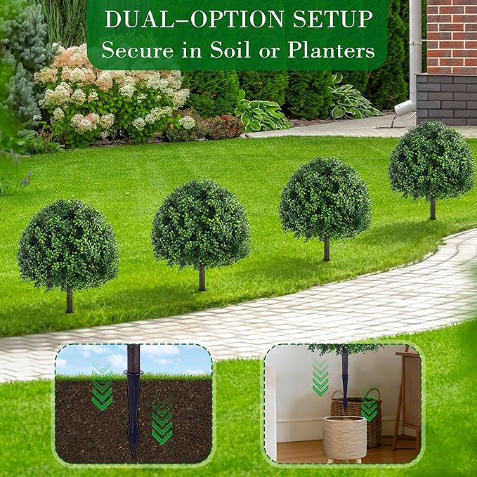 24.8 Inch Artificial Boxwood Trees, 2 Sets Faux Boxwood Topiary with Spikes, Pot Filler Fake Shrubs Plants for Outdoor PlantersFront Porch Decor Round Topiary Bush Balls Home Garden Spring