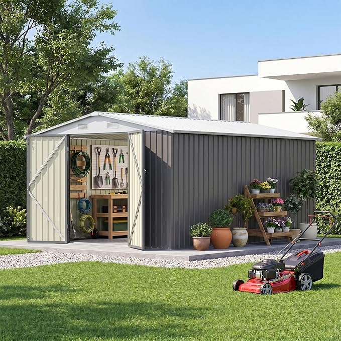 Patiowell 10 x 12 FT Outdoor Metal Storage Shed, Heavy-Duty Shed Storage with Lockable Doors and Steel Frame, Utility Tool Outside Large Storage Shed for Garden, Patio, Backyard, Gray