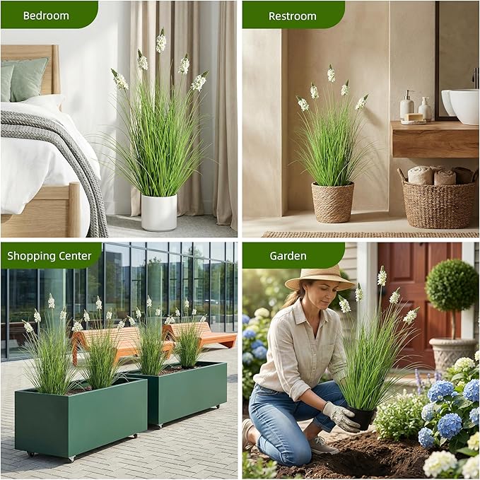 Artificial Plants Indoor Tall Grass Plants with Hyacinth Flower 35.4In Tall Artificial Ornamental Grass Green Onions Outdoor Fake Plants with Black Pot Home Office Decorative (1 Pack,White)