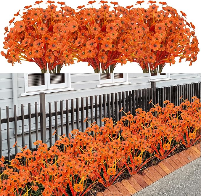 21 Bundles Artificial Outdoor UV Resistant Flowers No Fade Fake Outside Flowers Plastic Greenery Faux Shrubs Garden Porch Window Box Home Decoration(Deep Autumn Orange)