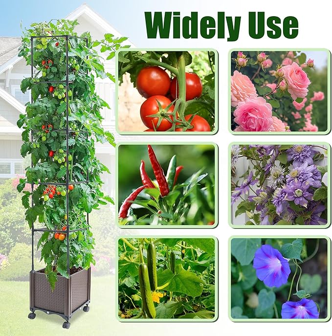 Quibbay Raised Garden Bed with Tomato Planter Cage,50.4" Self Watering Tomato Planter with Plastic Coating Steel Pipe for Climbing Vine Flowers Outdoor, Tomatoes Cage with Trellis Wheels, 1Pack
