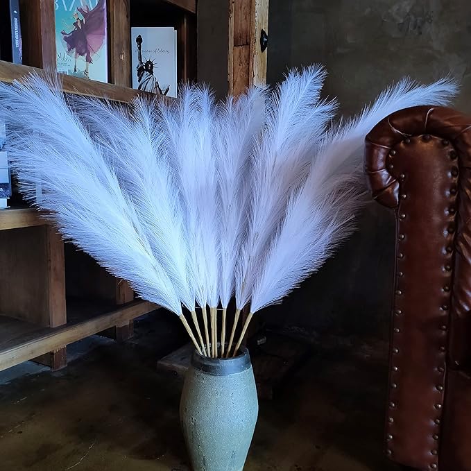 Premium Faux White Pampas Grass Decor 8pcs 43.3″ – Pure Cream Tall Fluffy Feather Flowers, No Assembly 18-Branch One-Piece Stems for Wedding Boho & Minimalist Home Decor, Floor Vase Arrangement