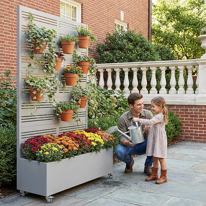 Casaphoria Metal Raised Garden Bed with Trellis and Wheels, 72"x47"x16" Arched Planter Box for Climbing Plants, Vegetables & Vines, Features Drainage Holes and Privacy Screen, Grey-Harold