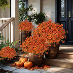 AXYLEX Artificial Fall Flowers Outdoor Fake Mums - 16 Bundles Fake Plants UV Resistant No Fade Faux Plastic Greenery Garden Porch Patio Fall Home Decor (Orangegreen)