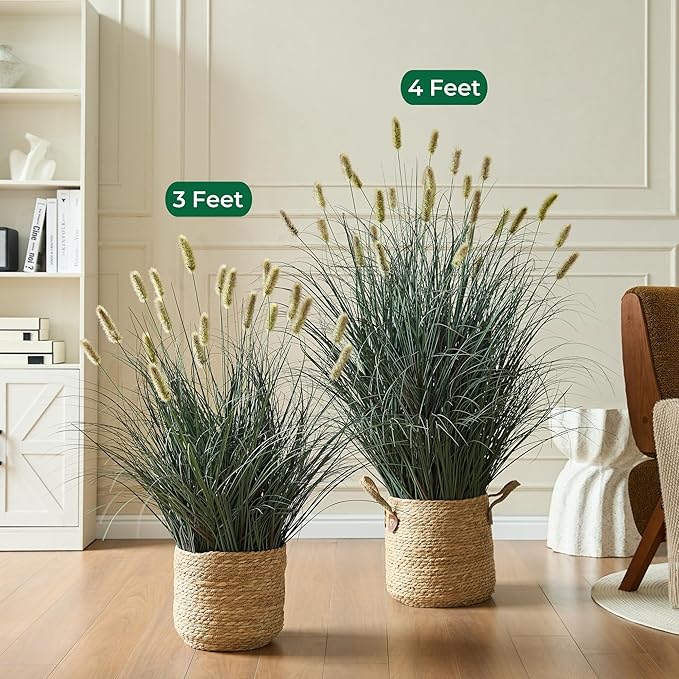 FloraFairy 3ft Onion Grass, Extra Lush Artificial Plant and Greenery, Fake Floor Plants Indoor Outdoor, Potted Faux Green Bristlegrass with Spikes, Horsetail Reed Grass, House Decorative