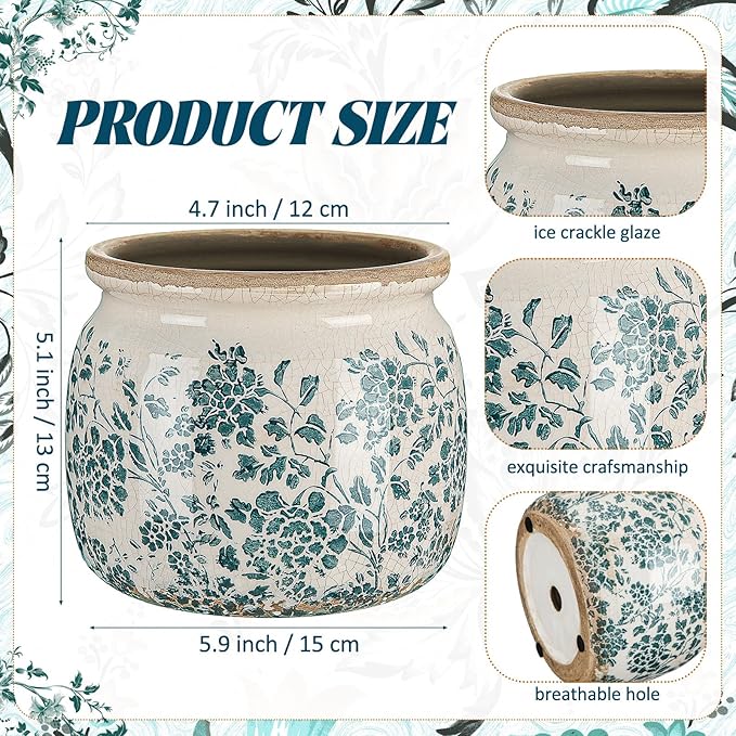 Vintage Planter Large Ceramic Plants Pot Green Vintage Rose Ice Crack Cottage Scroll Vase Flower Vase Pot Indoor Plants Home Kitchen Decor Farmhouse Antique Decorative Gifts