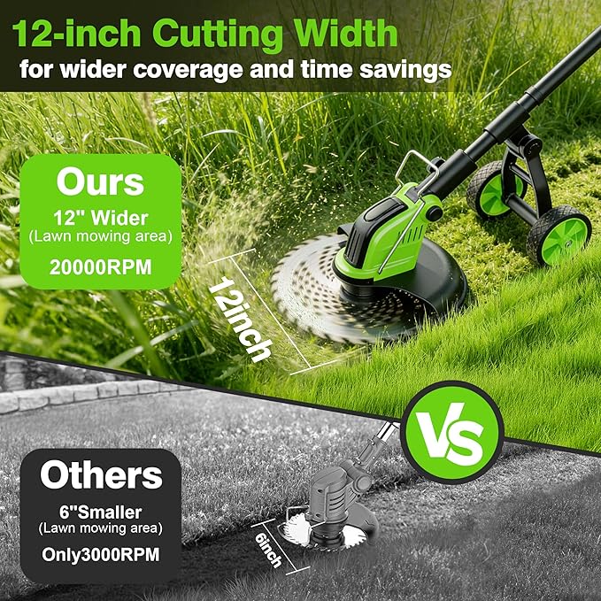 12" Stringless Weed Wacker Cordless Eater, 20000 RPM Powerful Battery Powered Trimmer Edger Lawn Tool, 21V 6000mAh Electric Wheeled Lawn Edger with Blades, Foldable& Lightweight Design Brush Cutter