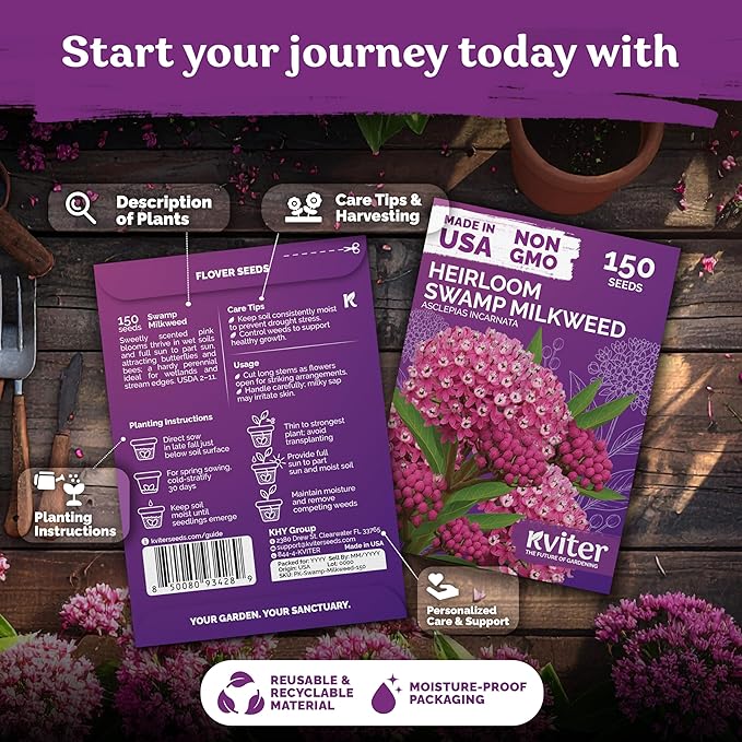 KVITER 150 Swamp Milkweed Seeds (Asclepias Incarnata) - Rose Milkweed, Heirloom, Perennial Wildflower, Pink Blooms, Butterfly and Honeybee Pollinator - Flower Seeds in Seed Packets for Outdoor Gardens