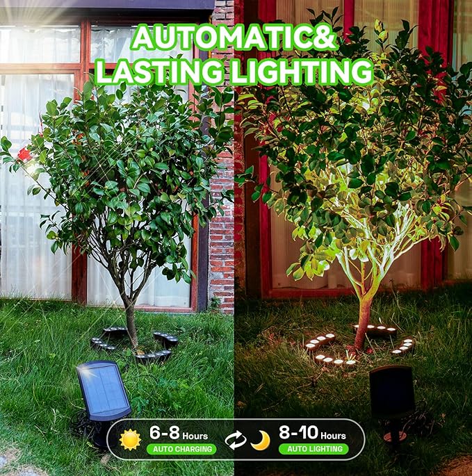 Solar Tree Lights Outdoor, Palm Tree Ring Lights with 3-in-1 Tie/Stake/Hang Installation, Warm White LED Tree Uplighting, 2000mAh Battery IP65 Waterproof Solar Tree Spotlights for Yard, Garden