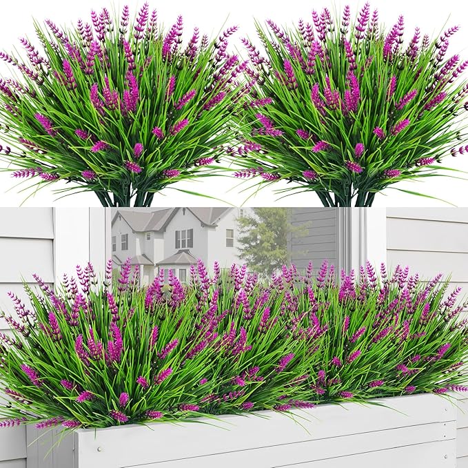Bassion Artificial Flowers for Outdoors, 24 Bundles Fake Lavender Flowers UV Resistant Fuchsia Plastic Plants Faux Monkey Grass for Home Porch Garden Window Box Indoor Outdoor Decorations