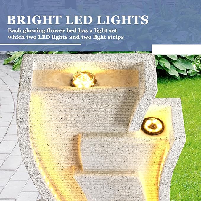 Grepatio Outdoor Cascading Water Fountain, Waterfall Fountain with LED Lights, Sailboat and Waterwheel Look Fountains and Waterfalls for Garden or Patio, Yard, and Deck Decor
