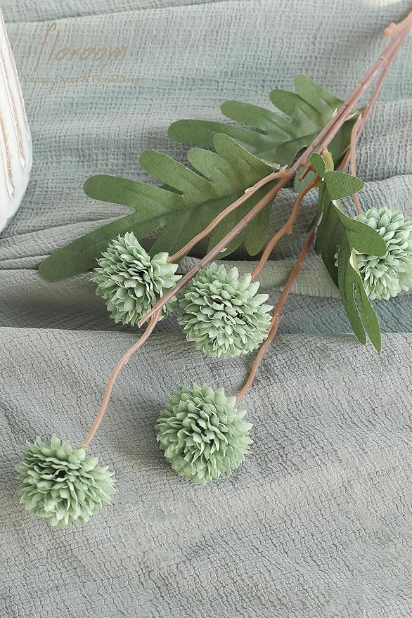 Floroom 5pcs Sage Green Faux Silk Mums Artificial Flowers, Bulk Fake Small Mini Chrysanthemums with Stems for DIY Wedding Centerpieces Floral Arrangements Vase Fillers Home Decorations
