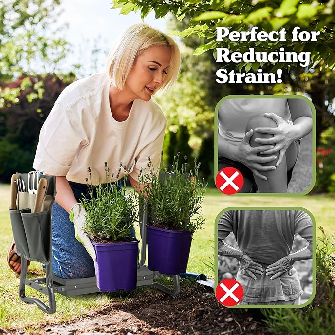 Pure Garden Garden Kneeler and Seat - Kneeling Pad Garden Stool with Tool Pouches - Gardening Gifts for Mom, Dad, Seniors, or Grandparents (Gray)
