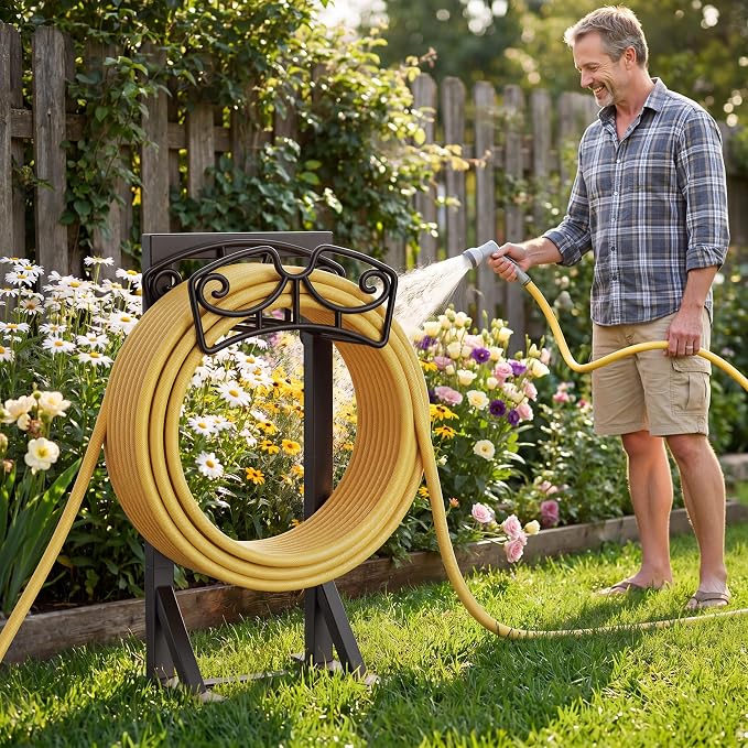 Garden Hose Holder Stand, Freestanding Metal Water Hose Storage Rack with Hooks for Outside Yard Lawn, Heavy Duty
