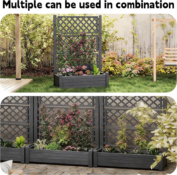 Elevated Raised Garden Bed with Trellis, 21 Gallon Self-Watering Outdoor Resin Planter Box with Lockable Wheels Drain Plug & Water Monitor for Plants Vegetables Flowers Fruits (Black)